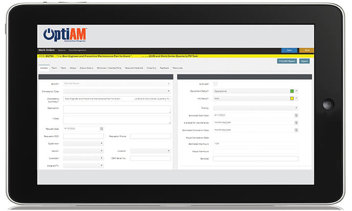 OptiAM Work Order Manager Screen