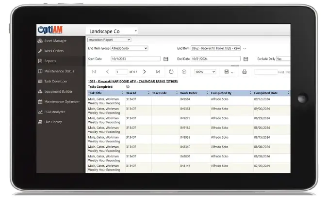 OptiAM Reporting Screen open on a tablet device