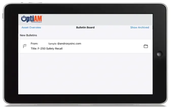 OptiAM Bulletin Board Screen open on a tablet device